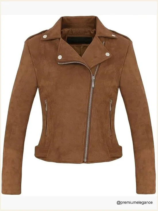 Faux Suede Moto Biker Jacket with Fringe, Fitted, Long Sleeve - Picture 1 of 6